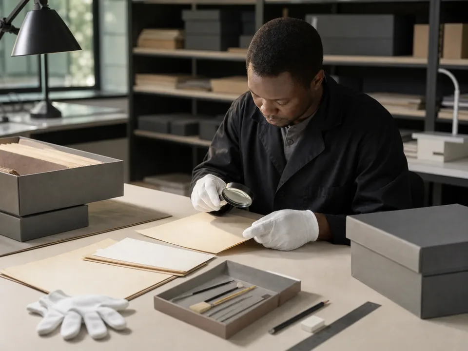 Professionnel congolais examinant des documents sur une table de conservation.