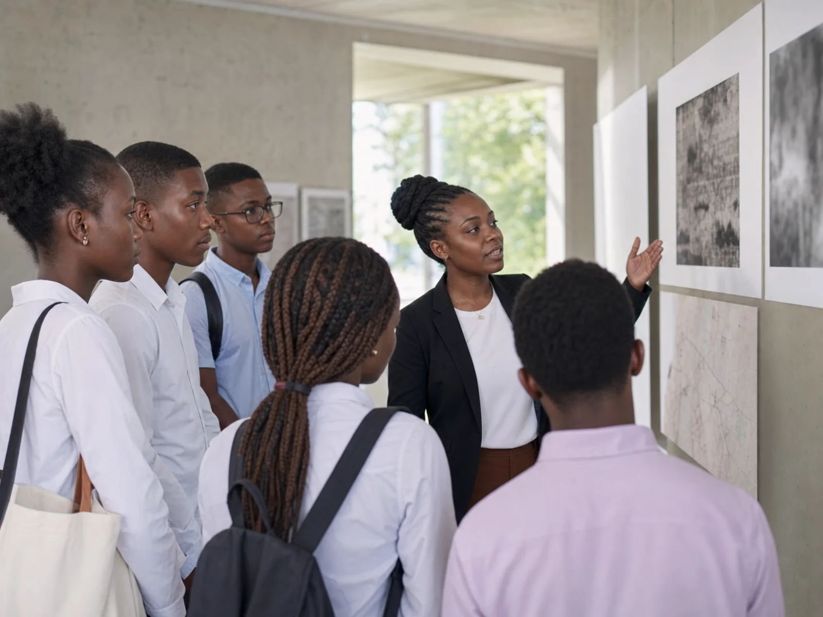 Médiatrice accompagnant un groupe dans un espace d’exposition