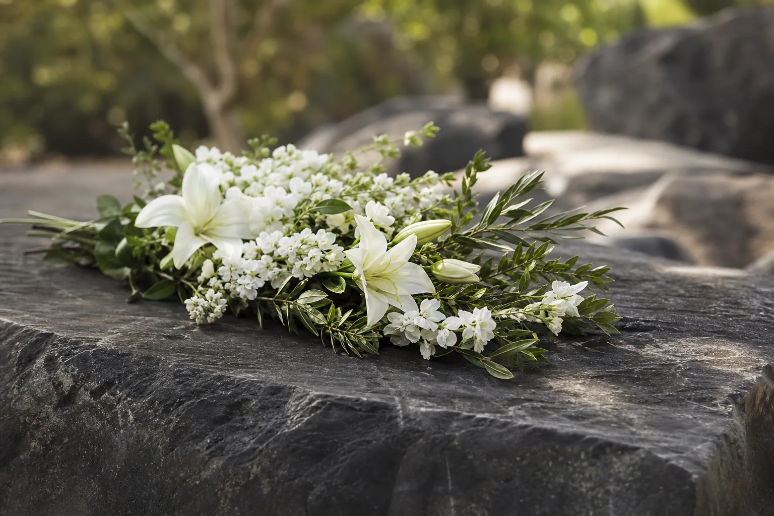 Fleurs blanches déposées sur une pierre commémorative.