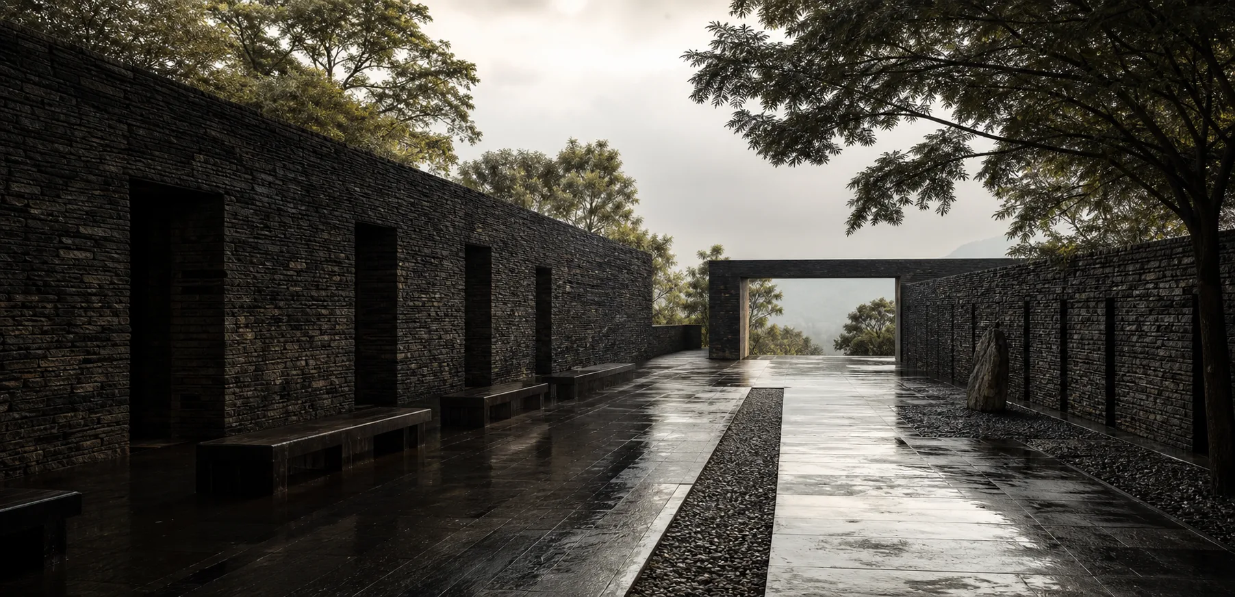 Lieu de mémoire contemporain ouvert sur la végétation.