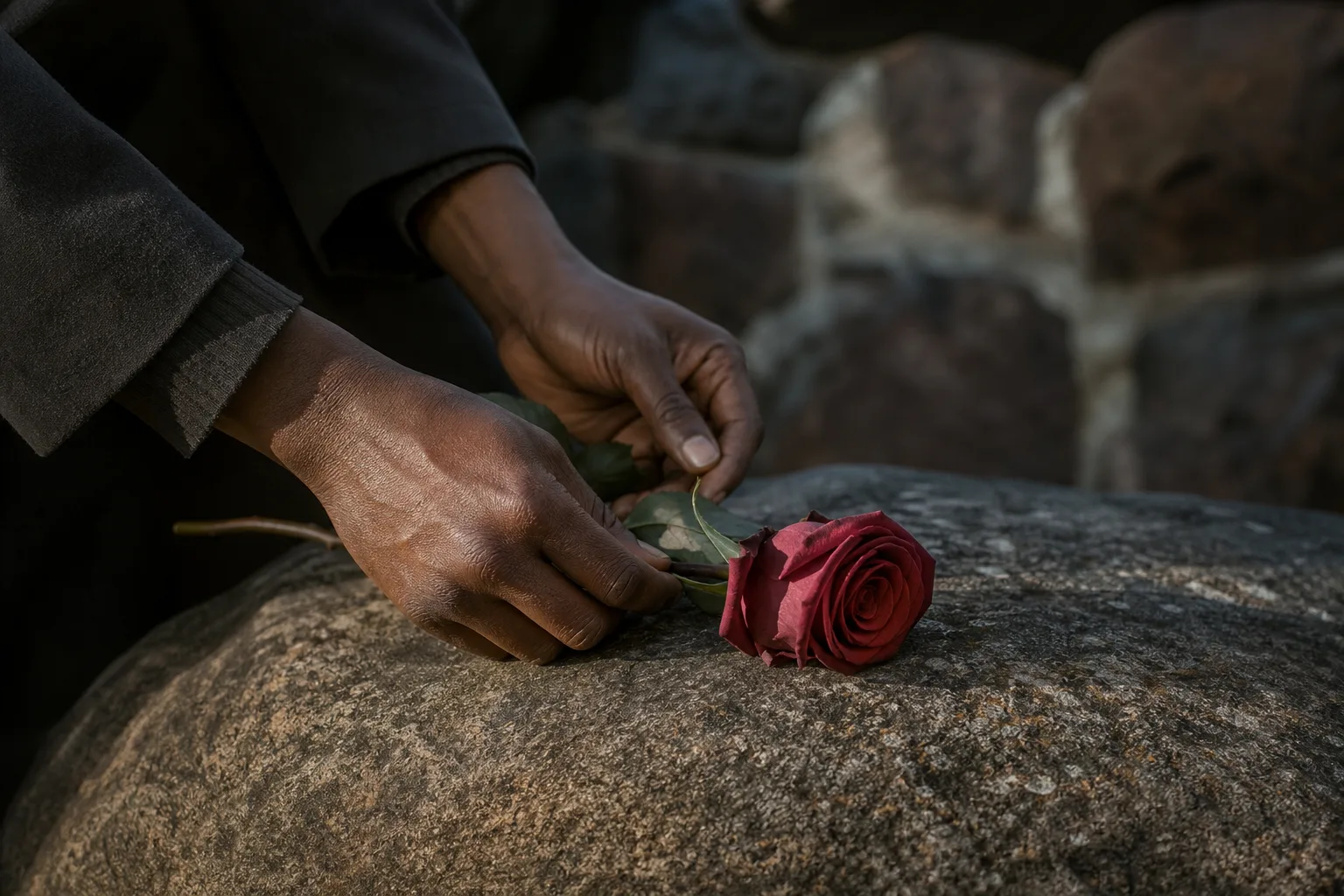 Mains déposant une rose dans un lieu de recueillement.