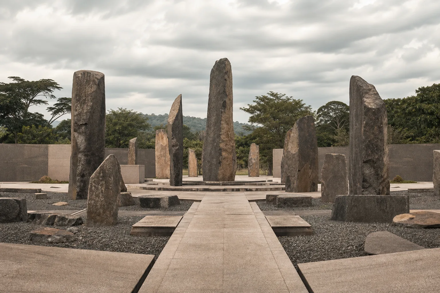 Pierres commémoratives dans un jardin de mémoire.