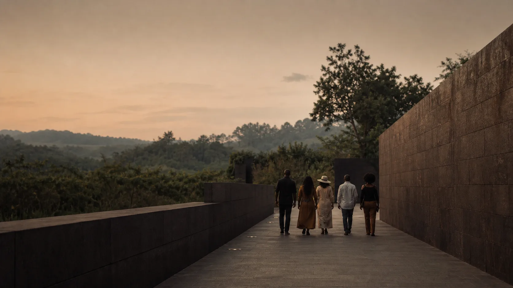 Visiteurs anonymes avançant dans un mémorial au crépuscule.