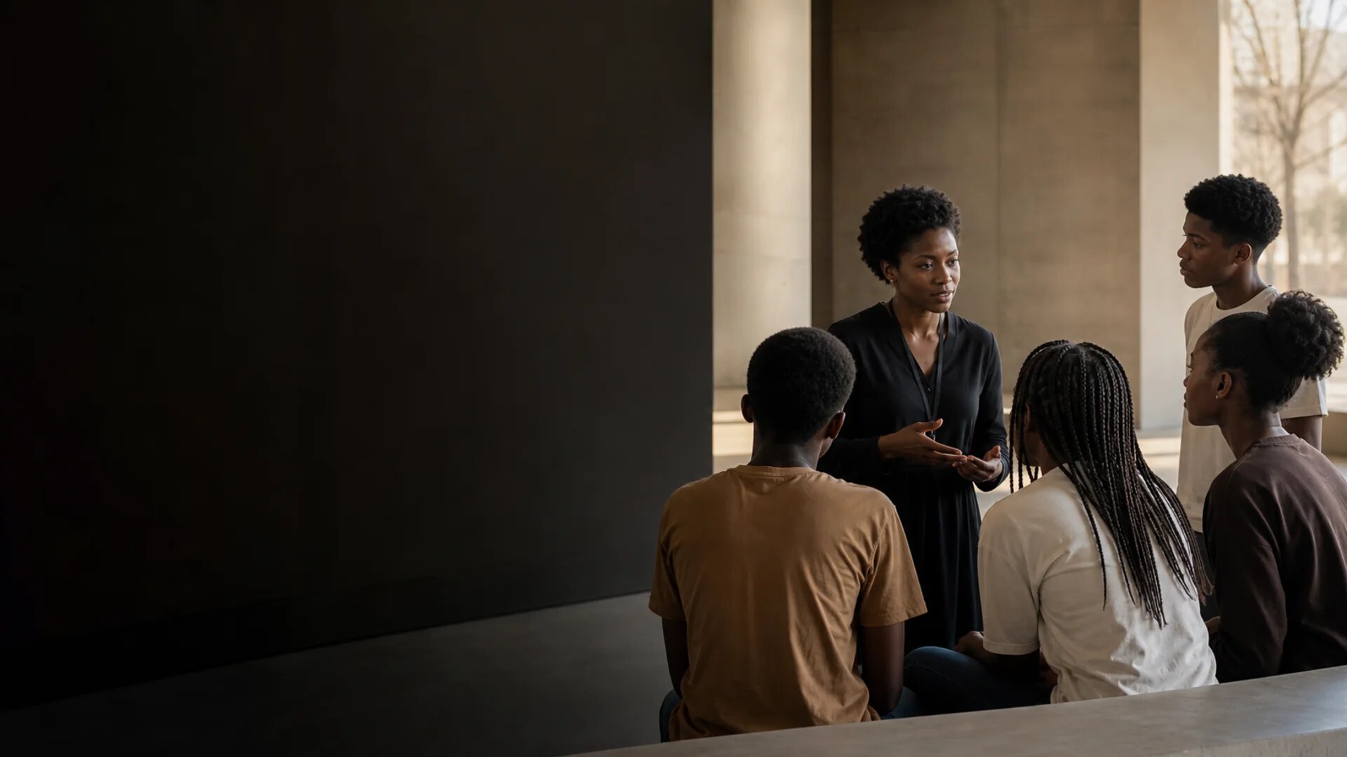 Médiatrice échangeant avec un groupe de jeunes dans un espace mémoriel calme.