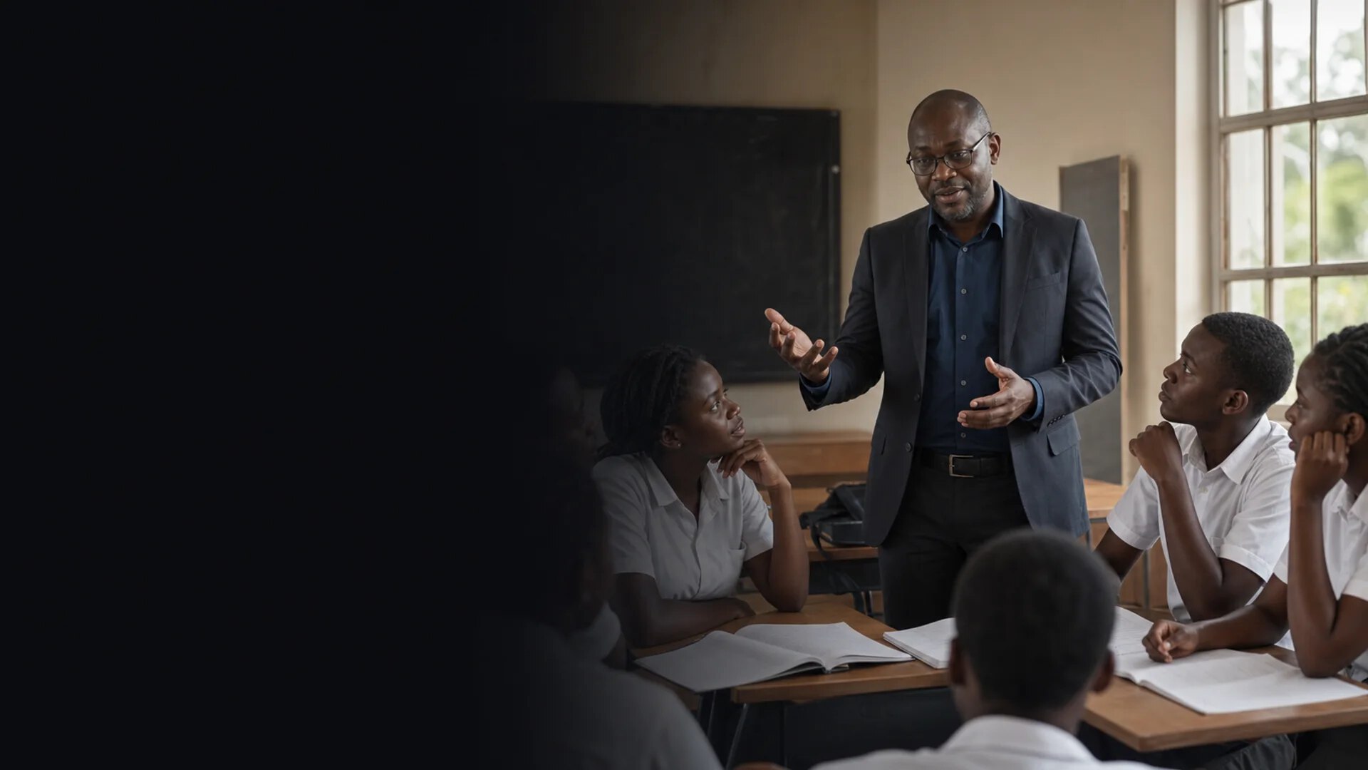 Enseignant échangeant avec des élèves dans une salle de classe.
