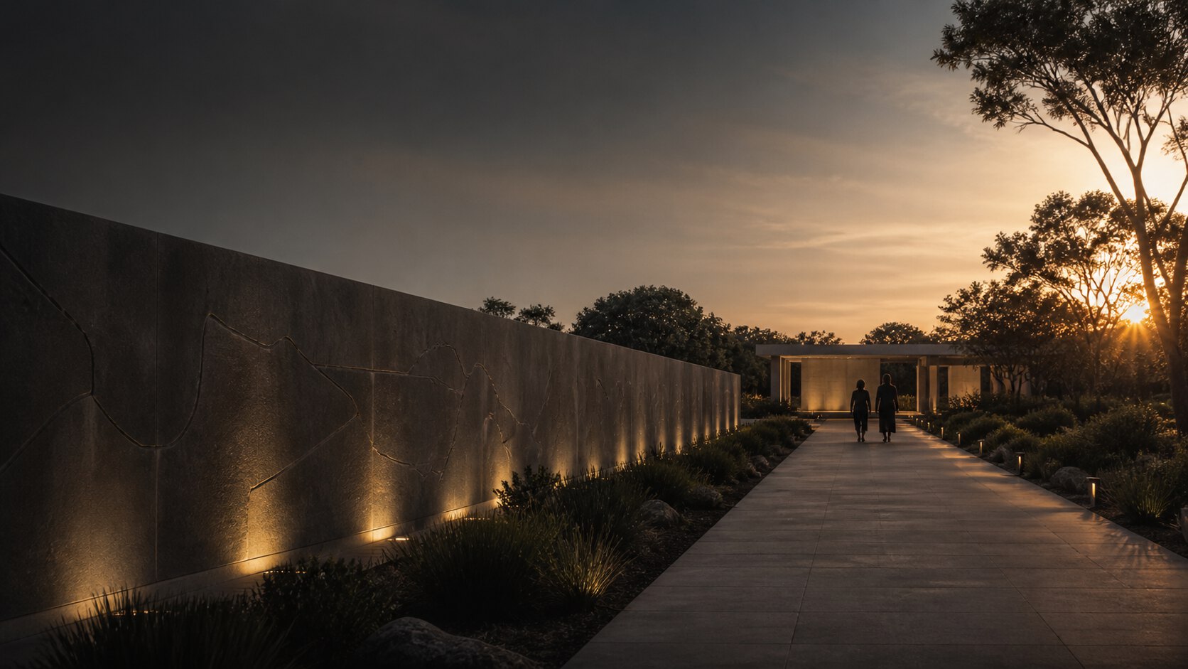 Chemin calme longeant un mur mémoriel au soleil couchant