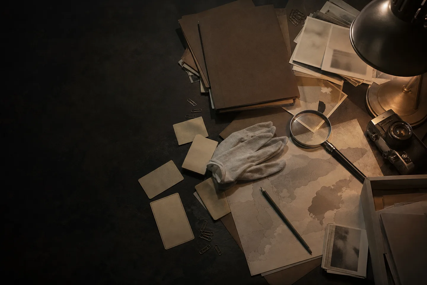 Dossiers anonymes, loupe, gants et carte sans lieu lisible.